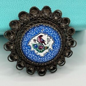 Vintage Hand Painted Sterling Silver Bird Ceramic Brooch Pendant Made In Israel